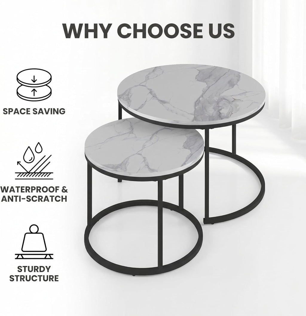 Living Room Side Table, Round Coffee Tables for Living Room, Modern Nesting Drink for Small Spaces, Set of 2 (Marble)