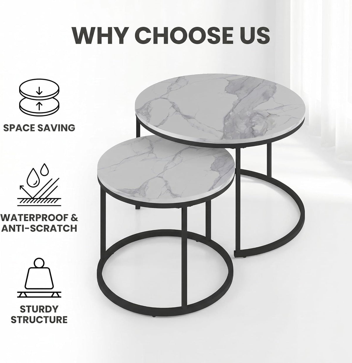 Living Room Side Table, Round Coffee Tables for Living Room, Modern Nesting Drink for Small Spaces, Set of 2 (Marble)