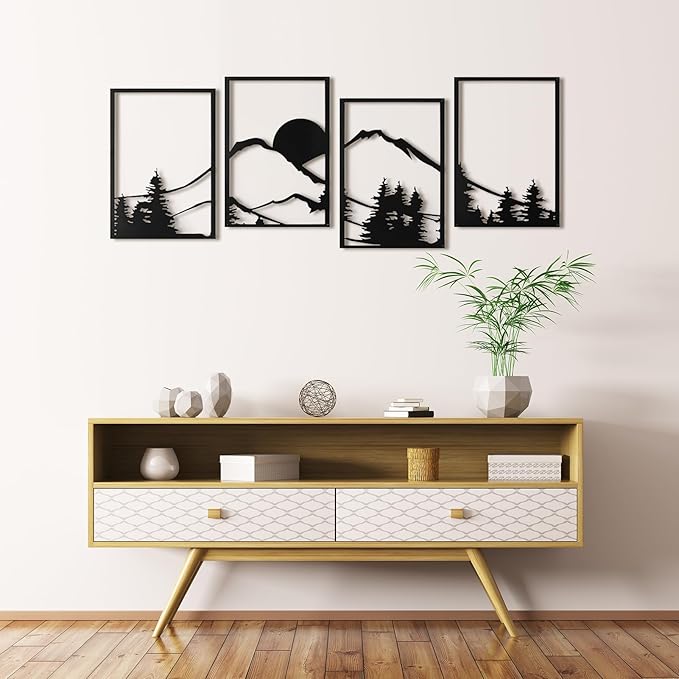 Art3d Black Metal Wall art, 4 Pieces Wall Decor for Living Room Bedroom Hallway Hotel, Natural Mountain Pattern Wall Art Style, Line Art Wall Décor
