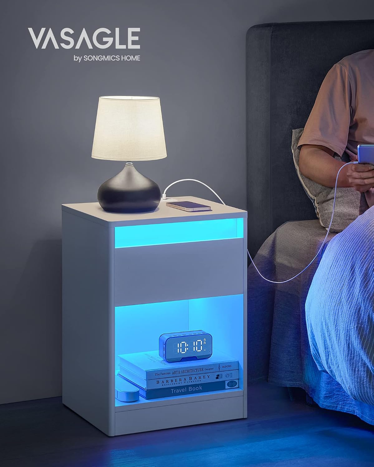 VASAGLE KAILYN Collection - LED Nightstand with Charging Station, 2 AC Outlets, 2 USB Ports, Bedside Table, Side Table with Drawer, Modern, 13.8 x 15.7 x 21.7 Inches, Cloud White ULET618T14V1