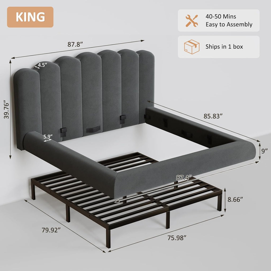 King Size Cloud Bed Frame with Headboard, Upholstered Platform Bed with Velvet Finish, Sturdy Metal Slat Support, Noise-Free, No Box Spring Needed, Grey