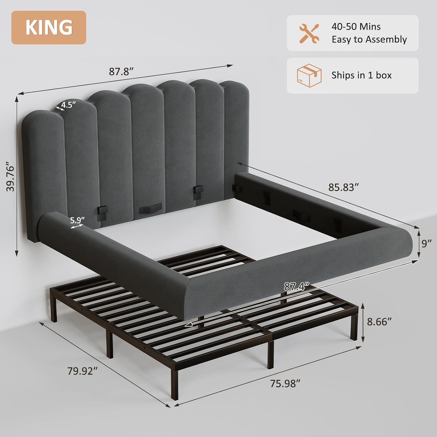King Size Cloud Bed Frame with Headboard, Upholstered Platform Bed with Velvet Finish, Sturdy Metal Slat Support, Noise-Free, No Box Spring Needed, Grey