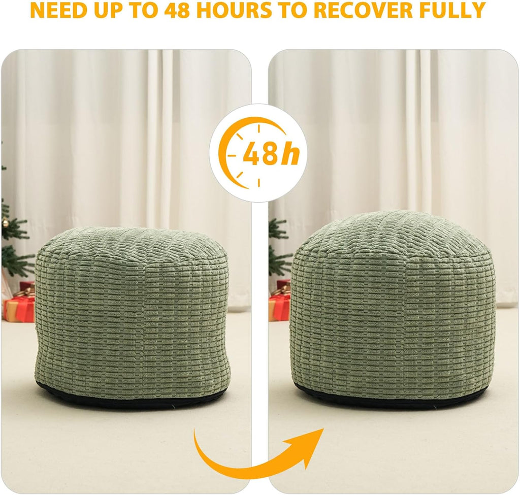 Round Stuffed Pouf Ottoman for Foot Rest 20" X 15" Faux Fur Poufs, Green | Storage Ottoman Pouf Foot Stool Cushion with Foam Chunk Filling, Floor Chair for Living Room Bedroom Home Decor