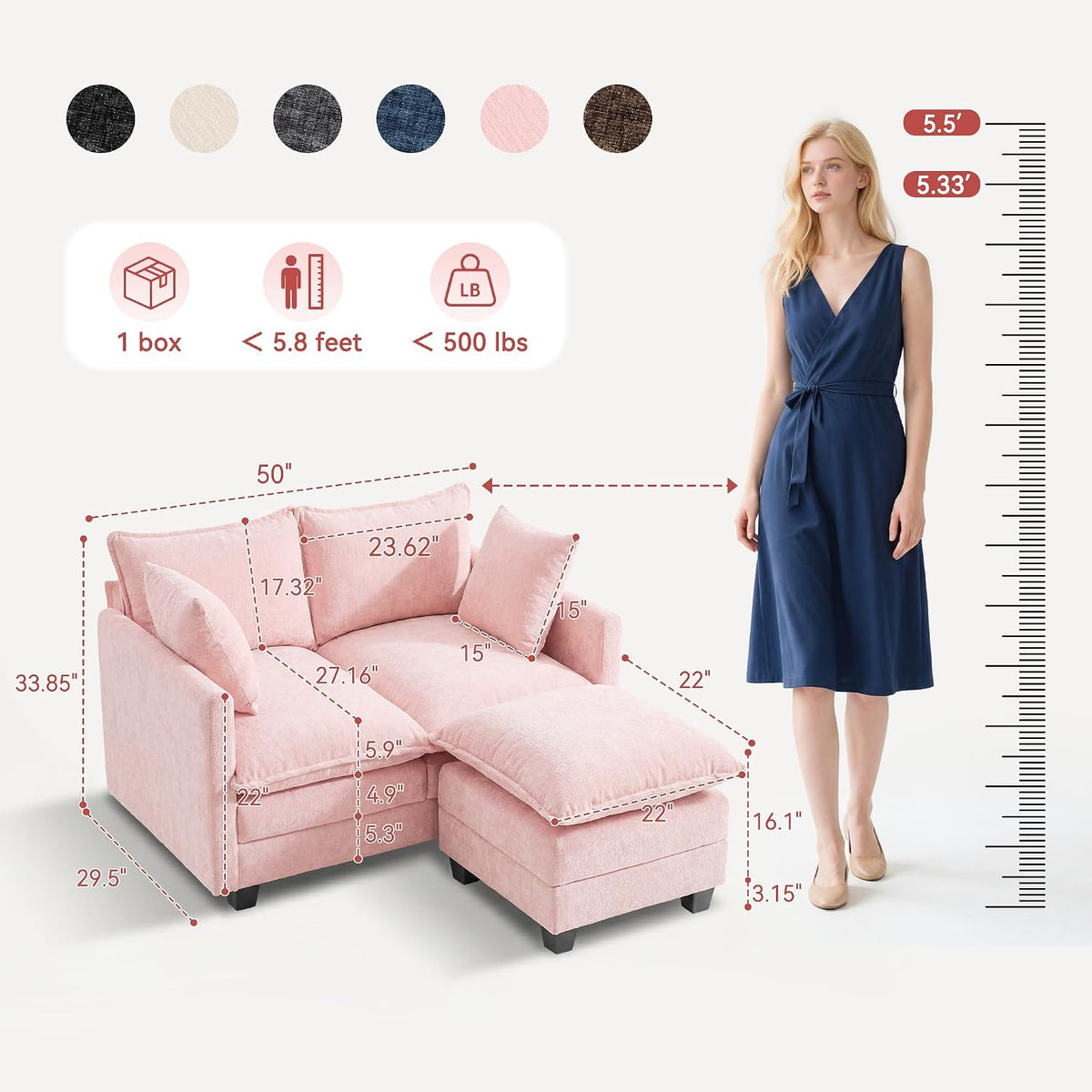 L-Shape Loveseat Sofa Couch with Ottoman, Small 50" Love Seat 27" Deep Cloud Sofa Washable Chenille Pillow for Apartment Bedroom Dorm Attic Studio Office Living Room Small Space 50-Pink-L