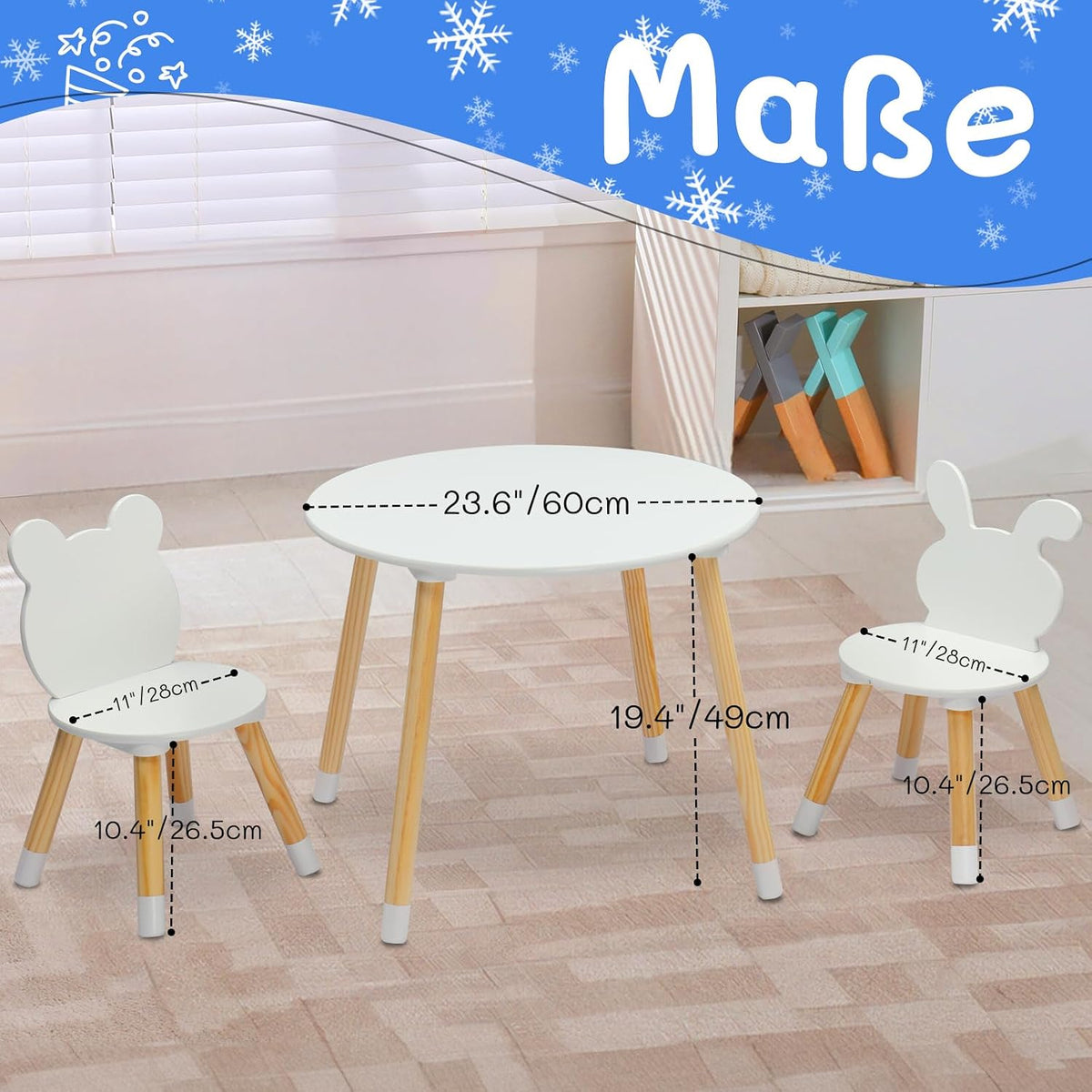 3-Piece Kids Table Chair Set White Round Play Furniture | Kids Activity Table and 2 Chairs Set, 3-Piece Folding Play Table Set, Pastel Multicolor for Home Daycare Playroom, White