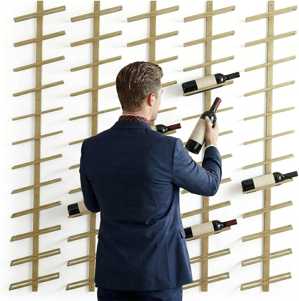 60-Bottle Wall Mounted Wine Rack, 5 Pack Modular Metal Wine Holder, Detachable DIY Wine Storage Rack, Wall Wine Bottle Display for Kitchen Dining Room Pantry Bar (Gold)
