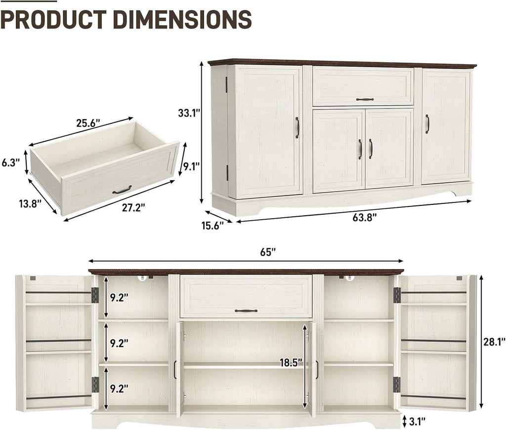 65" Sideboard Buffet Cabinet with Storage, Farmhouse Kitchen Pantries Sideboard Cabinets with Drawer, Wood Coffee Bar Cabinet with Adjustable Shelves, Storage Cabinets for Kitchen, Antique White