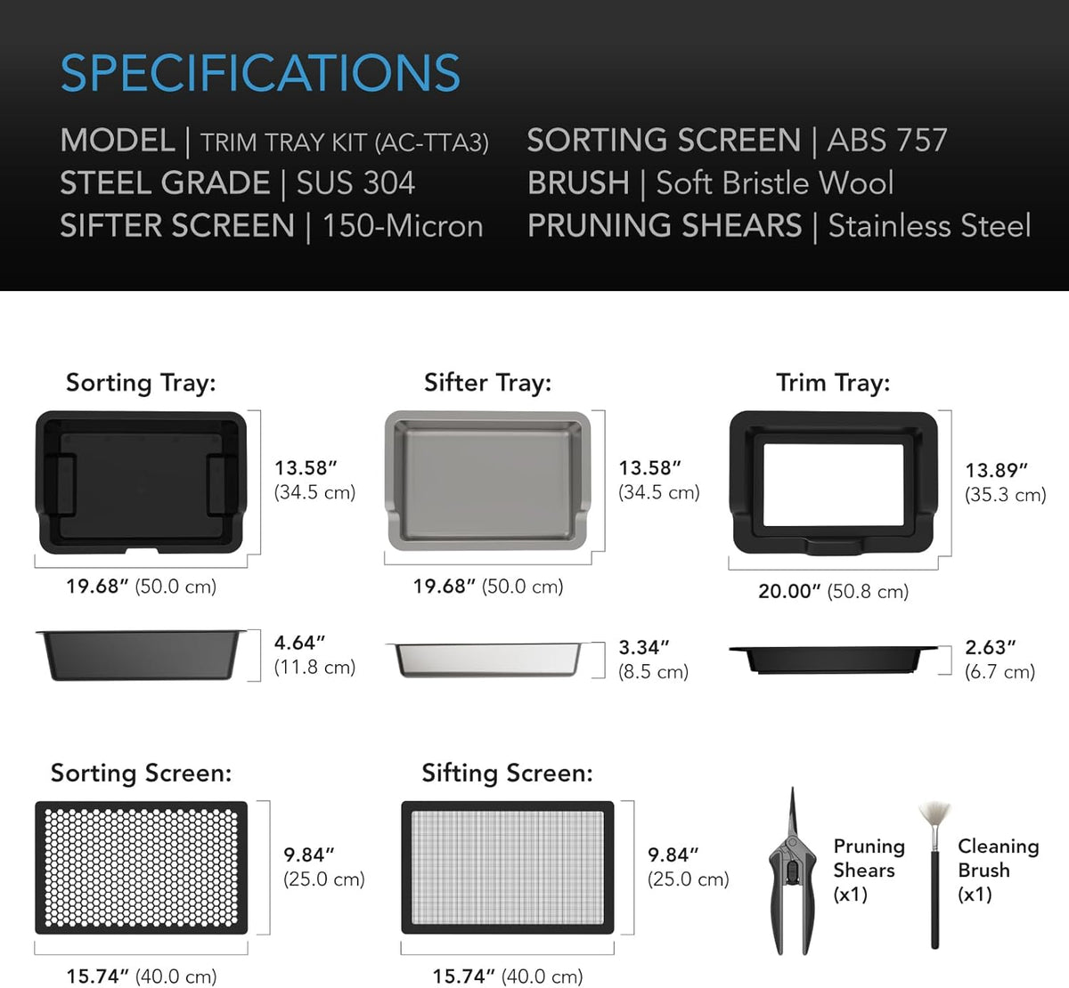 AC Infinity Large Trim Tray System 20-Inch, Interchangeable 3-Tray & 2-Screen Kit, Ergonomically Designed for Lap or Table Trimming, Plant Harvest Set to Collect Leaves and Pollen