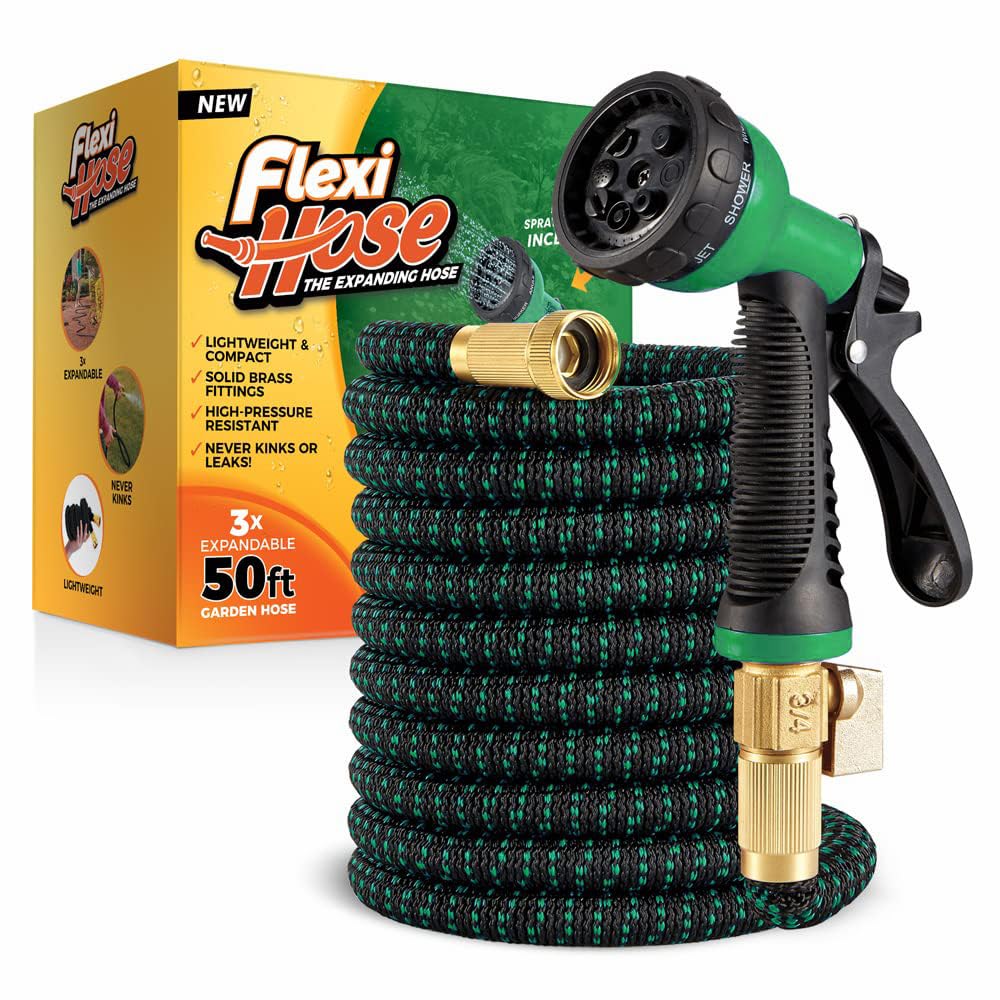Flexi Hose with 8 Function Nozzle, 50FT - Lightweight Expandable Garden Hose, No-Kink Flexibility, 3/4 Inch Solid Brass Fittings and Double Latex Core - Black and Green