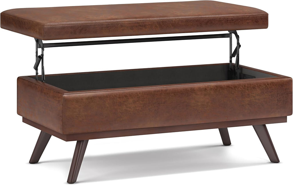 SIMPLIHOME Owen 42" Wide Vegan Leather Lift Top Ottoman in Saddle Brown | Distressed saddle brown, mid-century modern lift-top ottoman with storage for living room; rectangle footstool or pouf.