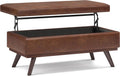 SIMPLIHOME Owen 42" Wide Vegan Leather Lift Top Ottoman in Saddle Brown | Distressed saddle brown, mid-century modern lift-top ottoman with storage for living room; rectangle footstool or pouf.