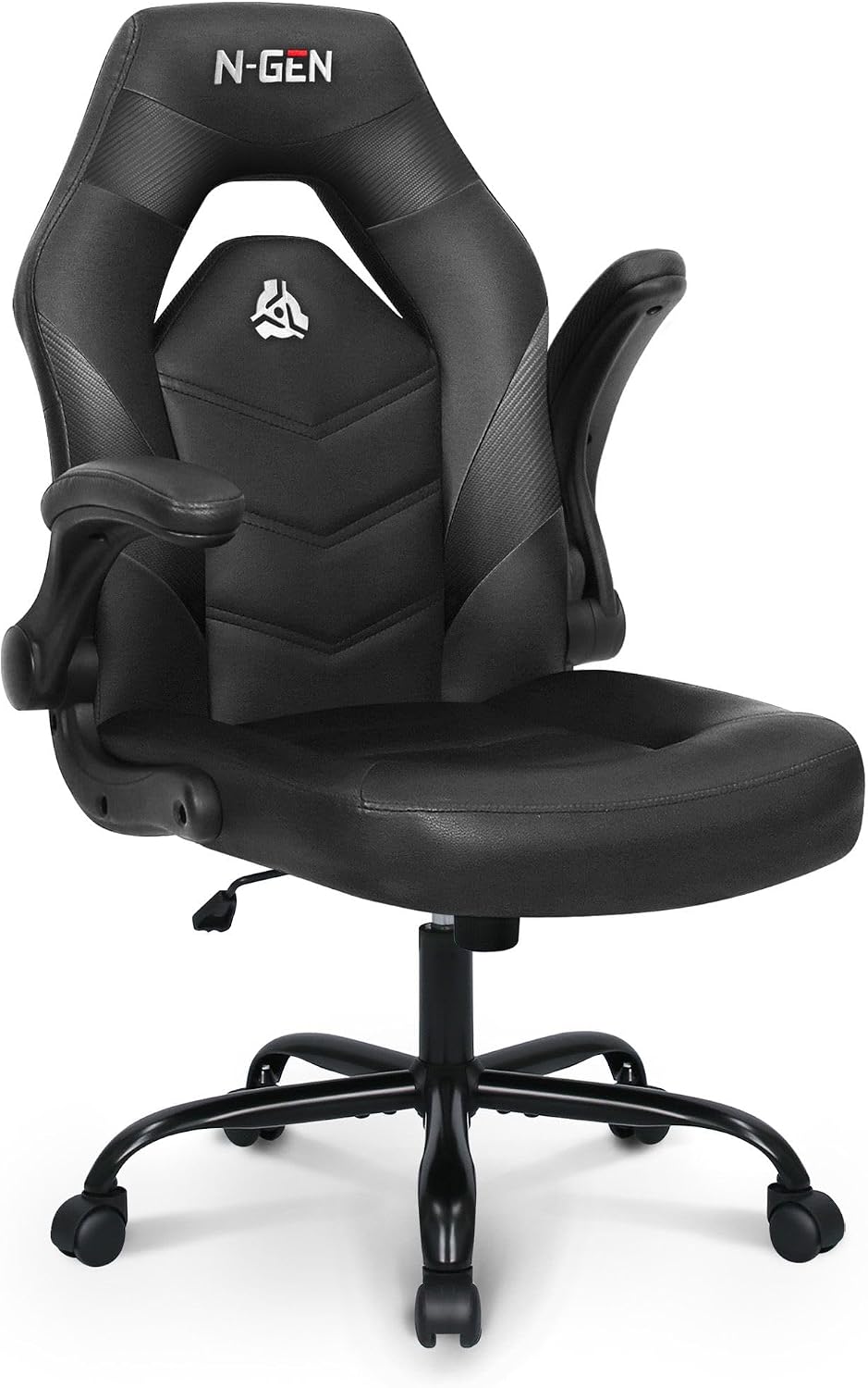 N-GEN Gaming Gaming Chair, Lumbar, PU Leather, Flip-Up Arms, Jet Black | Ergonomic High-Back Design, Adjustable Height with 360° Swivel Wheels, Comfortable Computer Desk Seating for Office and Home