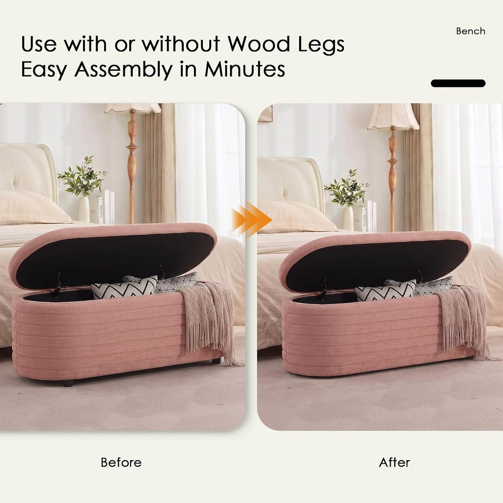 45.5" Modern Storage Ottoman Bench, Pink | Boucle Bench, Linen Fabric, Slow-Close Safety Hinge, Hidden Storage, Upholstered Seat, for Living Room Entryway End of Bed