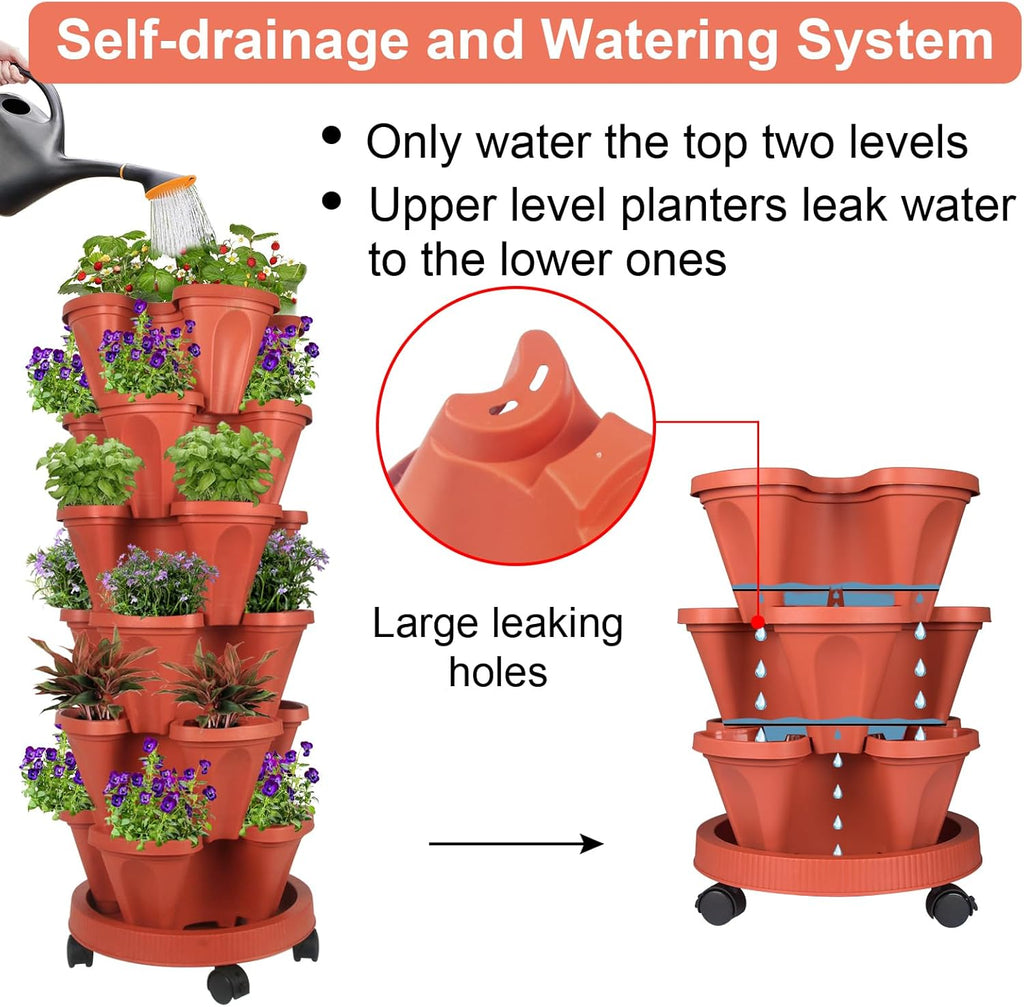 Vertical Planter 6 Tier Stackable Planters Garden Planters Strawberry Herb Flower and Vegetable Planter Indoor Outdoor Gardening Pots with Removable Wheels and Tools 2-Pack
