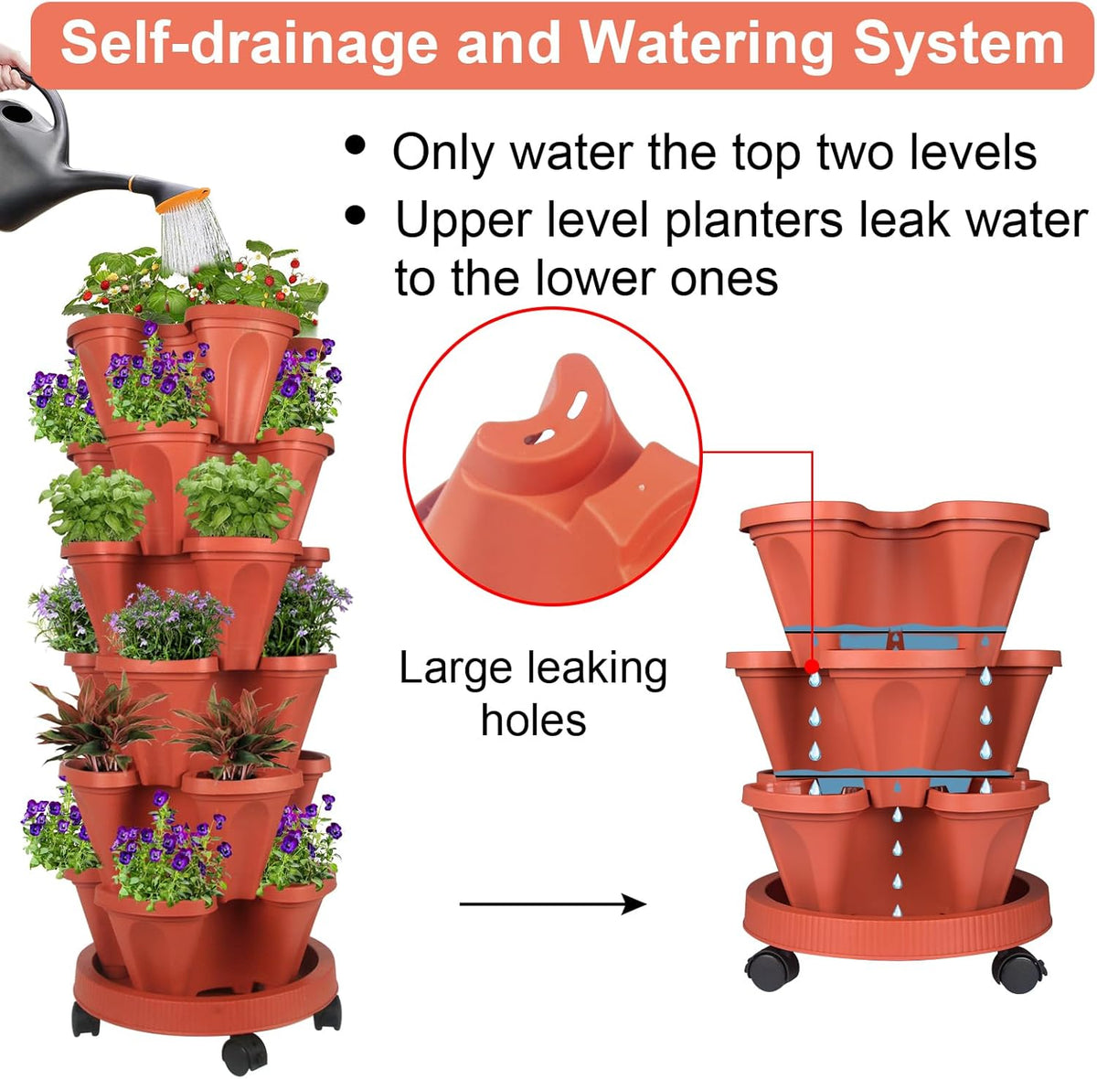 Vertical Planter 6 Tier Stackable Planters Garden Planters Strawberry Herb Flower and Vegetable Planter Indoor Outdoor Gardening Pots with Removable Wheels and Tools 2-Pack