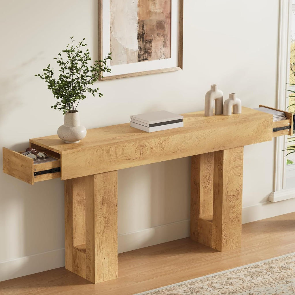 Airynee 63 Inches Long Console Table for Entryway with Drawers, Wooden Sofa Table Behind Couch, Industrial Entry Table for Living Room, Foyer, Hallway, Natural Oak