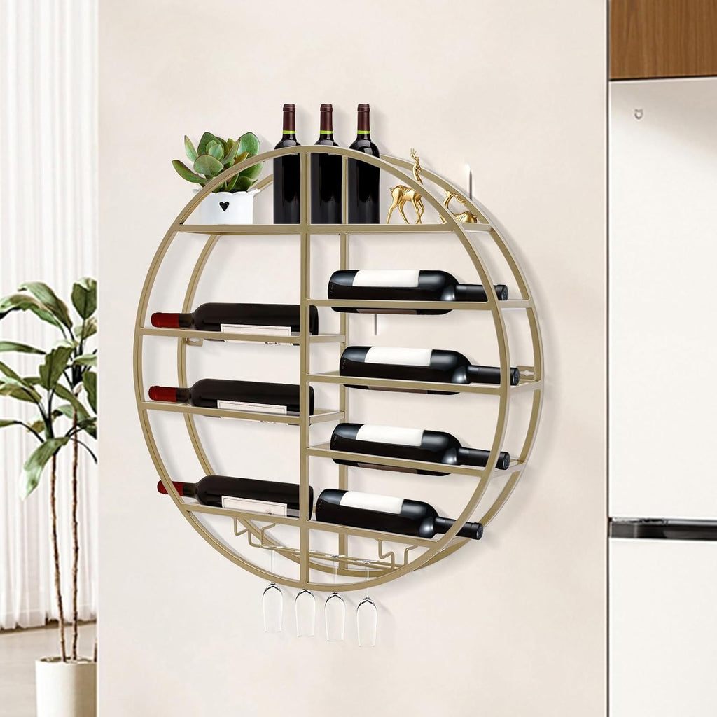Wall Mounted Wine Rack with Glass Holder, Gold Metal Bottle Holder Round Wine Storage Display Rack for Restaurants Bar Dining Room Kitchen