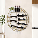 Wall Mounted Wine Rack with Glass Holder, Gold Metal Bottle Holder Round Wine Storage Display Rack for Restaurants Bar Dining Room Kitchen