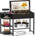 Cyclysio Vanity Desk with Flip Top Mirror and Lights, Black | Makeup Vanity Desk with Drawers, Dressing Table with Storage Shelves & Charging Station, Small Vanity for Small Spaces