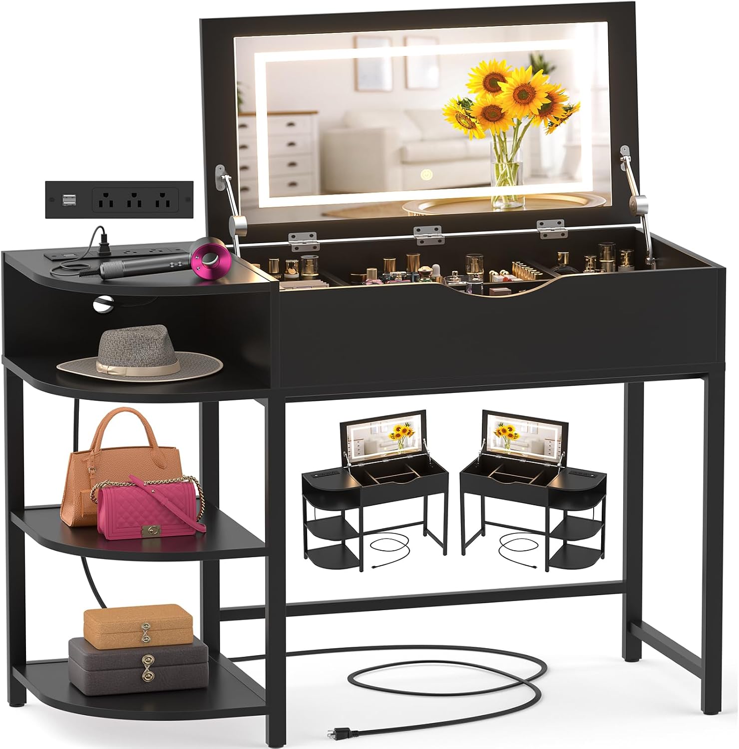 Cyclysio Vanity Desk with Flip Top Mirror and Lights, Black | Makeup Vanity Desk with Drawers, Dressing Table with Storage Shelves & Charging Station, Small Vanity for Small Spaces