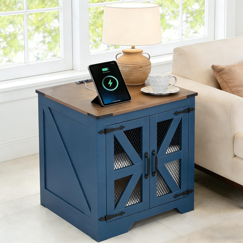 Coffee Table and End Table Sets of 3, 2 Large End Table with Charging Station and 1 Coffee Table with Large Hidden Storage, Farmhouse Living Room Table Set, Blue