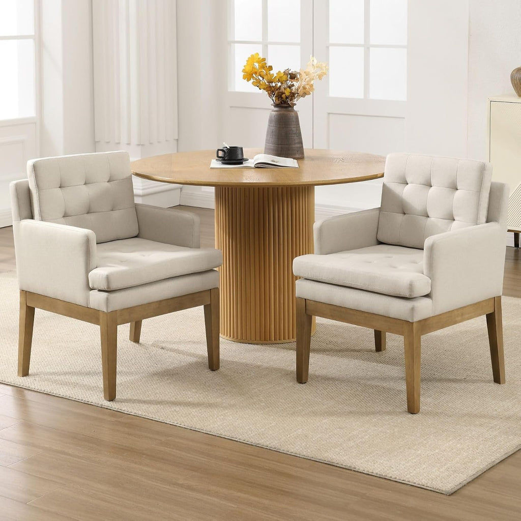 Linen Fabric Dining Chairs Set of 2, Upholstered Tufted Kitchen Room Chairs with Arms, Cozy Farmhouse Solid Wood Accent Side Chair for Dining/Living Room, Removable Cushion, Light Grey