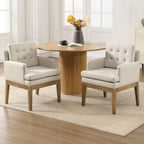 Linen Fabric Dining Chairs Set of 2, Upholstered Tufted Kitchen Room Chairs with Arms, Cozy Farmhouse Solid Wood Accent Side Chair for Dining/Living Room, Removable Cushion, Light Grey