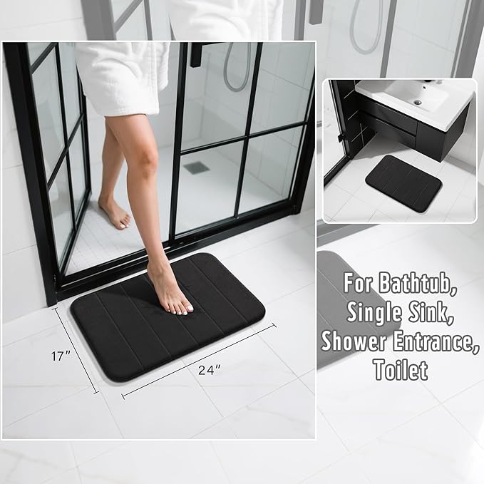 Yimobra Memory Foam Bath Mat, Super Soft Absorbent Bathroom Rug Non Slip 24x17 Inch, Quick Dry, Machine Washable Floor Carpet for Tub Shower, Home Decor Accessories, Black