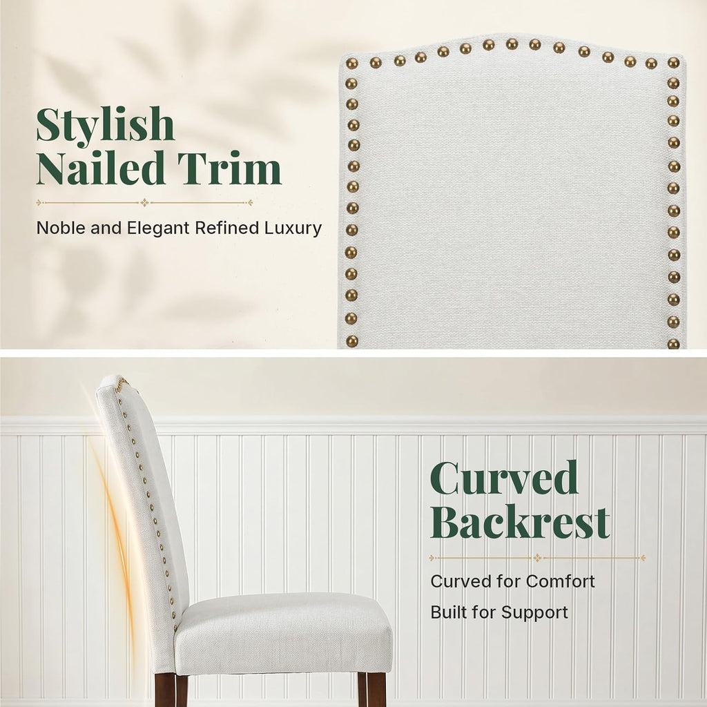 Upholstered Dining Chair Set of 6, Farmhouse Fabric Kitchen Chair | Modern, Padded Seat, Solid Wood Legs, High Back, Nailhead Trim, Living Room, Restaurant, Hotel, Beige