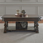 Pemberly Row 3-Piece Cocktail Table Set, Rubberwood and Hickory Veneers, Chateau Brown Finish, Includes 1 Cocktail Table with Casters and 2 End Tables, Bottom Shelves and Drawer, Living Room Furniture