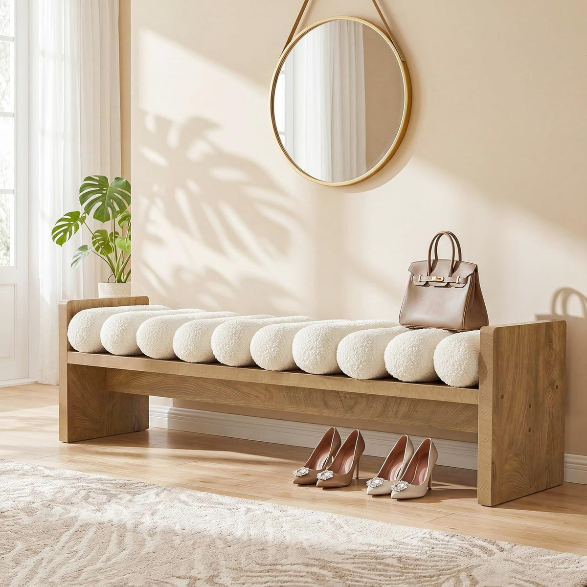 Tribesigns 59'' Wooden Entryway Bench with Boucle Cushion, Upholstered Fabric End of Bed Bench, Aesthetic Large Oval Ottoman for Living Room, Hallway (Removable Cushion)