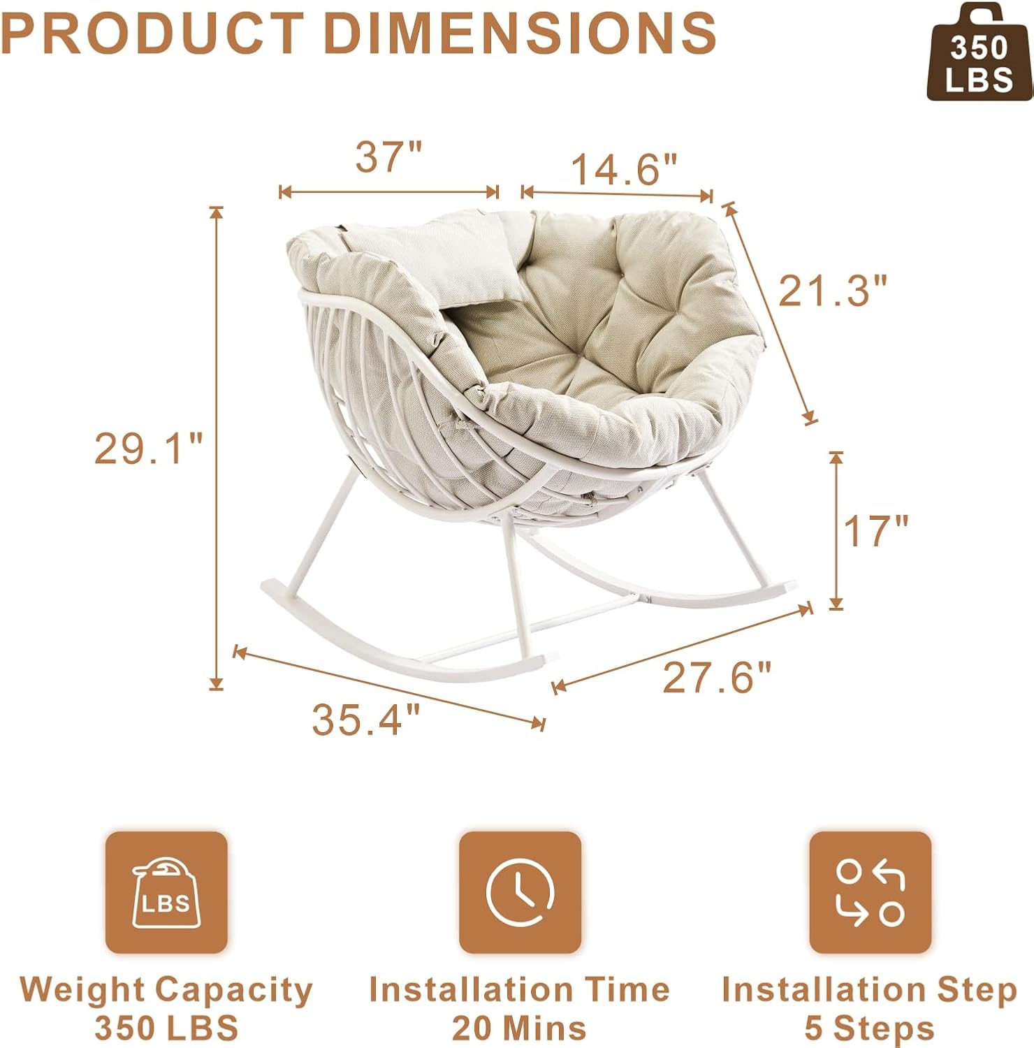 Oversized Outdoor Rocking Chair, Patio Papasan Egg Chair, Rocker Reading Lounge with Thick Cushion, Comfy Indoor Rocker Chair for Bedroom, Living Room, Porch, Poolside