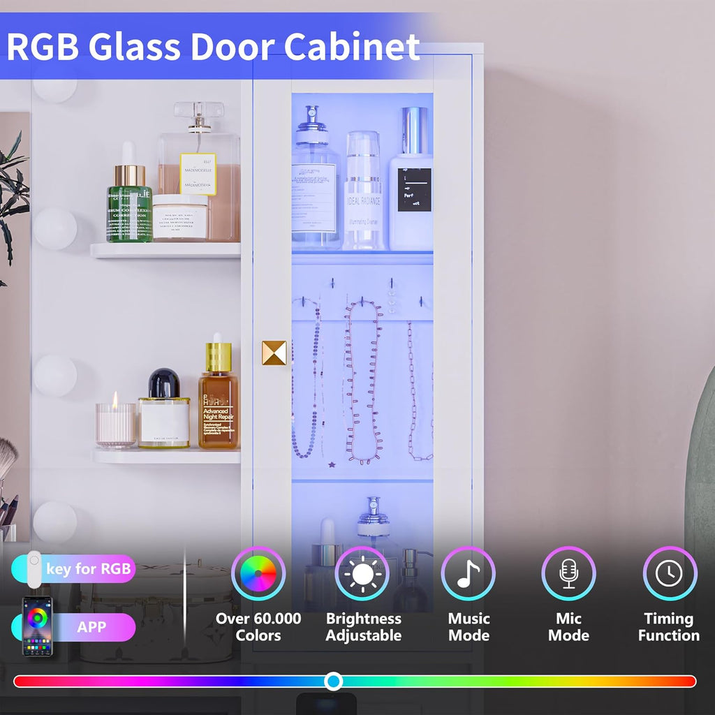Vanity Desk with Mirror and Lights, White Makeup Vanity with 5 Drawers Hidden Jewelry Organizer& LED Glass Cabinet,3 Light Mode and Brightness Adjusted,Vanities Mirror with Lights Desk and Chair