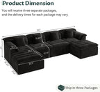 142" Modular Cloud Sectional Couch with Ottoman, Modern Upholstered Compressed Sofa with Deep Seat, Comfy U-Shape Corduroy Couches for Living Room, No Assembly Required, Black
