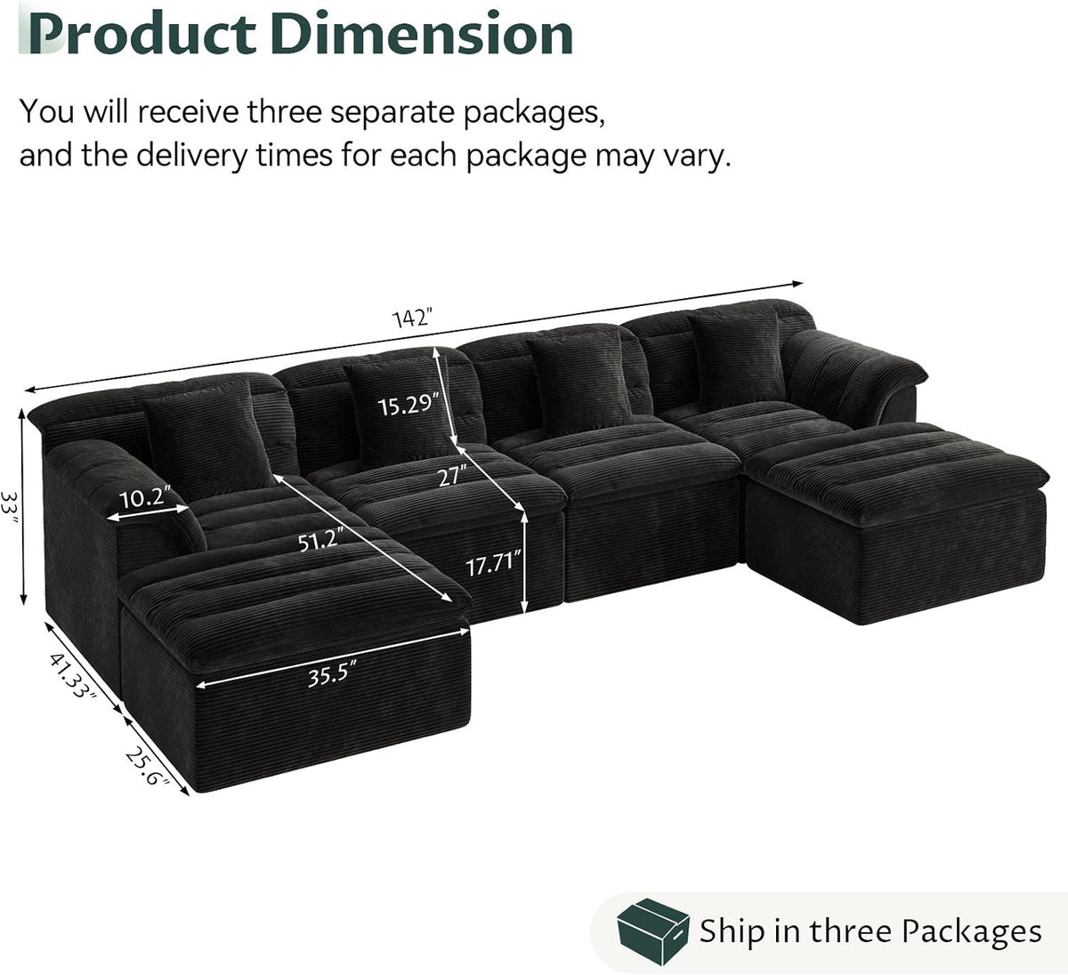 142" Modular Cloud Sectional Couch with Ottoman, Modern Upholstered Compressed Sofa with Deep Seat, Comfy U-Shape Corduroy Couches for Living Room, No Assembly Required, Black