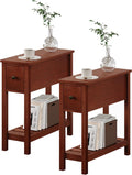 ChooChoo Narrow End Table, Small Side Table for Small Spaces, Slim End Table with Drawer, Narrow Nightstand Bedside Table for Living Room Bedroom, Cherry Brown, 2 Pack