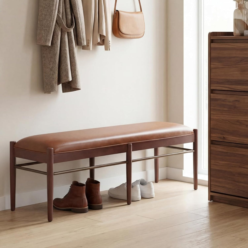 53" Faux Leather Entryway Bench with Cushion, Rustic Brown Dinner Bench for Dining Room, Upholstered End of Bed Bench Ottoman for Bedroom, Living Room with Walnut Base, Brown
