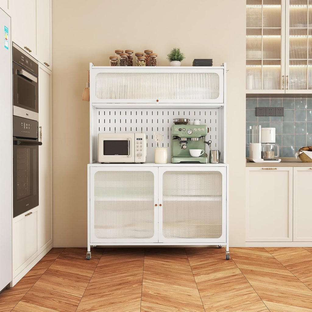 Kitchen Pantry Cabinet White, Tall Storage Cabinet with Glass Doors & Adjustable Shelves, Multi-Storage Cabinet Cupboard for Small Kitchen Living Room Dining Room, 39.37x17.72x64.06 Inches