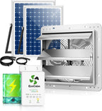 10" Solar Exhaust Fan for Greenhouse with Battery and Adjustable Thermostat, Attic Fans for Garage and Shed with 2PCS 15W Bifacial Solar Panels