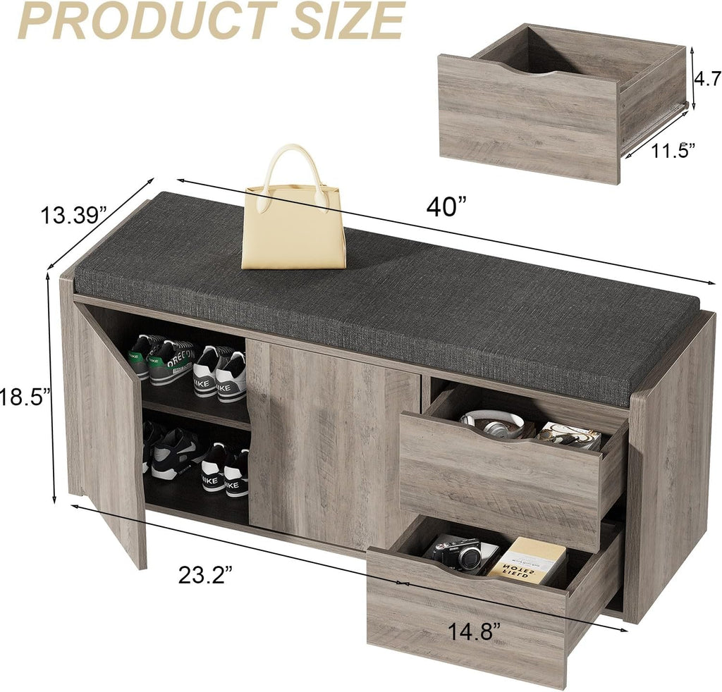 LVB 2-Tier Storage Bench with Padded Cushion, Entryway Shoe Bench with 2 Drawers, 2 Barn Doors & Adjustable Shelf, Industrial Style for Foyer, Bedroom, Living Room, Greige, 40 Inch
