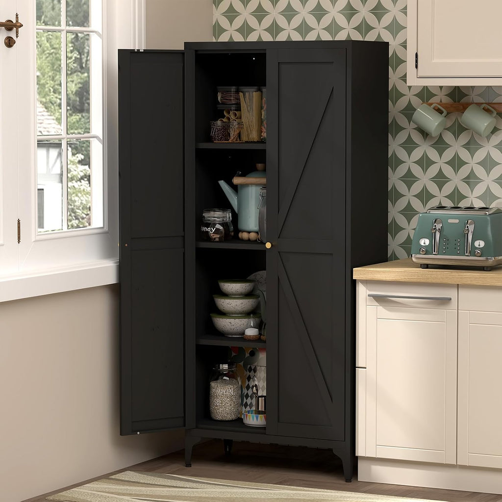 65"H Kitchen Pantry Storage Cabinets with 2 Doors and 3 Adjustable Shelves, Tall Metal Storage Cabinet with Adjustable Feet, White Cupboard for Kitchen, Dining Room, Living Room and Bathroom