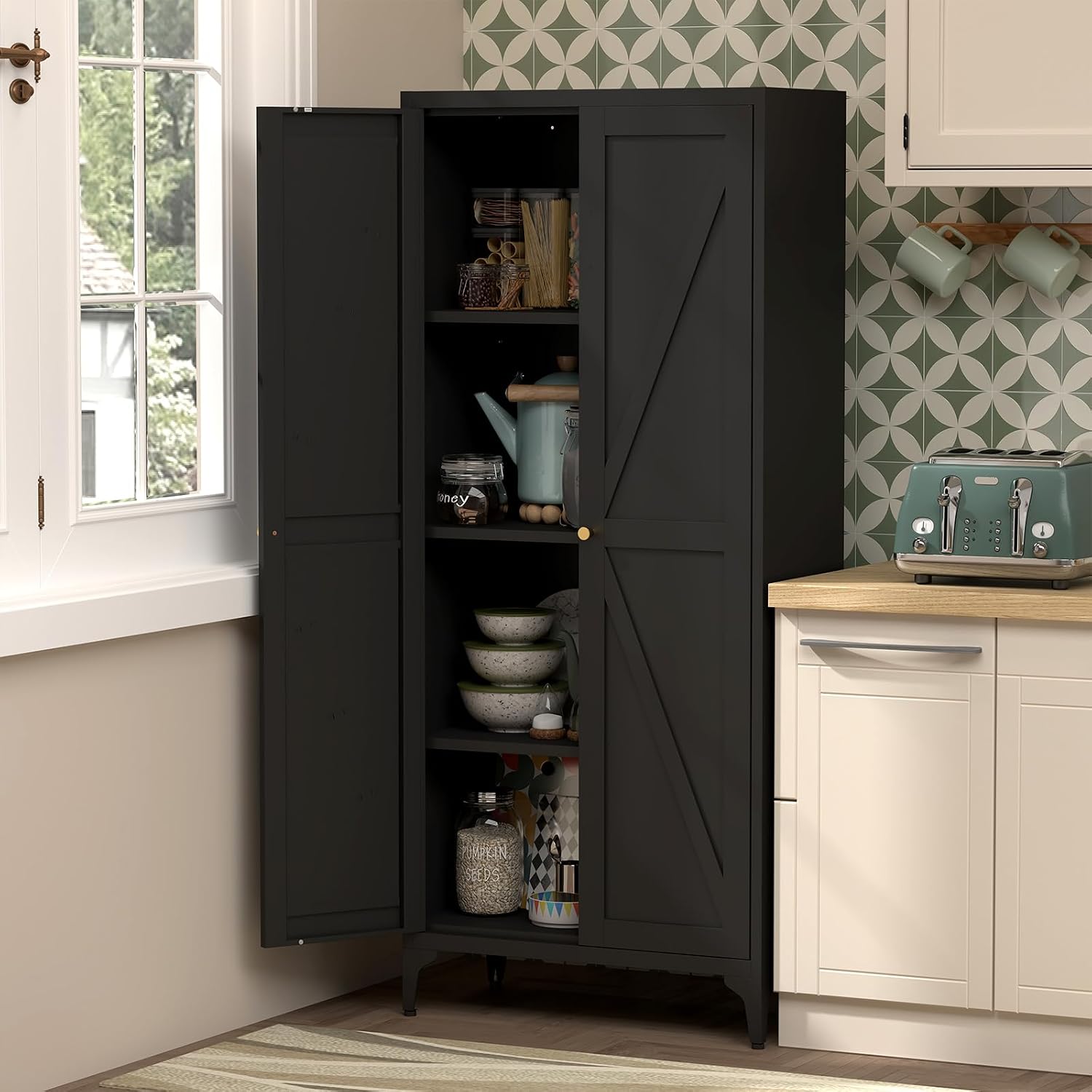 65"H Kitchen Pantry Storage Cabinets with 2 Doors and 3 Adjustable Shelves, Tall Metal Storage Cabinet with Adjustable Feet, White Cupboard for Kitchen, Dining Room, Living Room and Bathroom