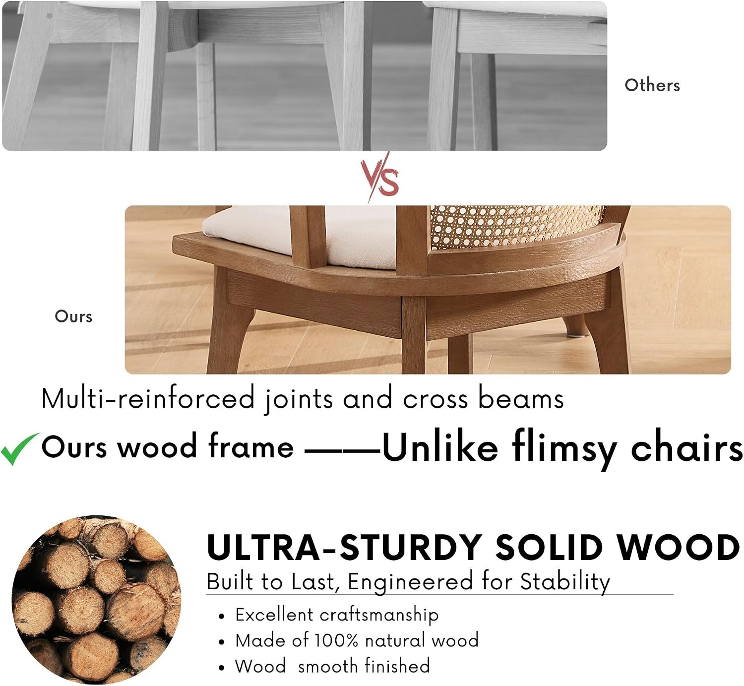 BESTANO Rattan Dining Chairs Set of 4, Mid Century Modern Farmhouse Wood Dining Room Chairs, Upholstered Comfortable Kitchen Dining Side Chair with Cane Woven Back, Beige Linen