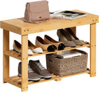 BAMBUROBA Bamboo Shoe Rack Bench, 3-Tier Entryway Bench, Small Shoes Storage Organizer Holds Up to 300lbs, 27.5 x 11 x 16.9 Inches, for Front Door, Hallway, Living Room, Bedroom,Natural