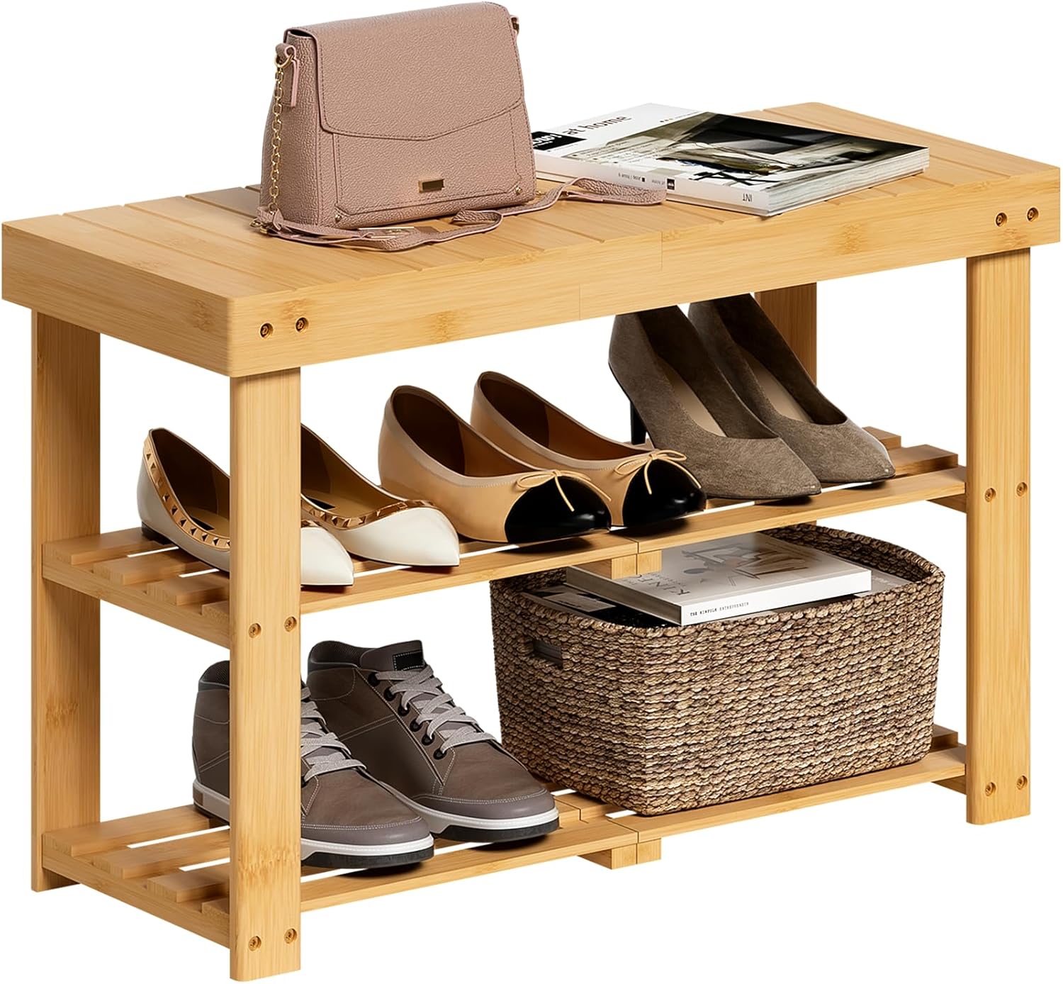 BAMBUROBA Bamboo Shoe Rack Bench, 3-Tier Entryway Bench, Small Shoes Storage Organizer Holds Up to 300lbs, 27.5 x 11 x 16.9 Inches, for Front Door, Hallway, Living Room, Bedroom,Natural