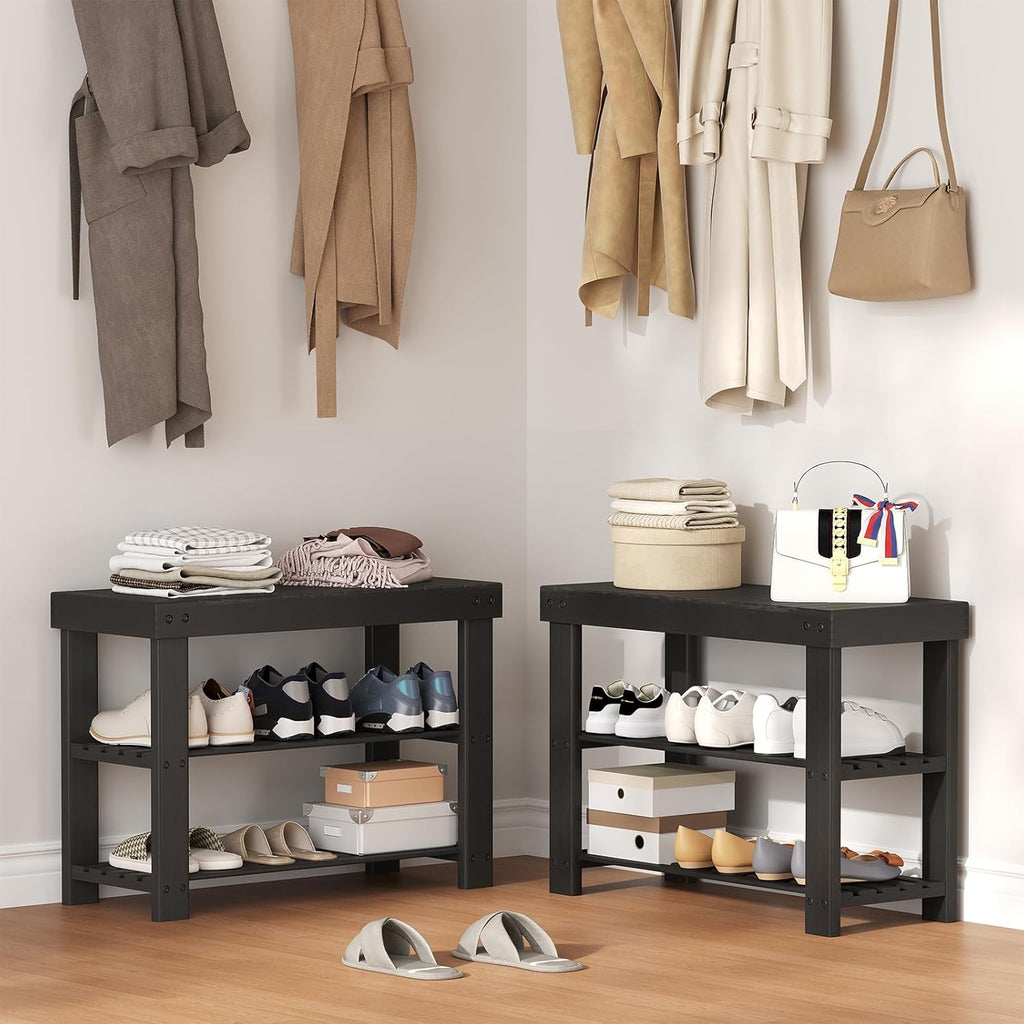 Sweetcrispy Shoe Rack Bench, 3-Tier Bamboo Entryway Storage Organizer, 286lb Capacity, Shoes Stand for Front Door Entrance, Bedroom, Living Room, Bathroom, Balcony, 11.3 x 27.6 x 17.8 Inches, Black