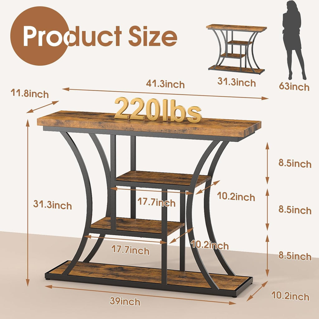 41.3" Industrial 4 - Tier Console Table with Curved Metal Frame, Narrow Long Sofa Table & Entryway Table with Storage Shelves for Living Room, Accent Table for Hallway Furniture Foyer