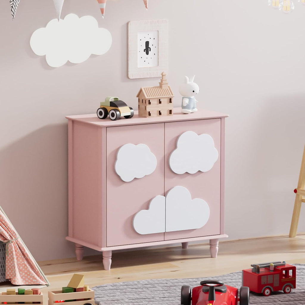 Anbuy Sideboard Buffet Cabinet with Storage 2 Doors, 31.5'' Cloud Buffet with Decoration, Scalloped Coffee Bar with Adjustable Shelf for Kitchen, Living Room (Pink & White)