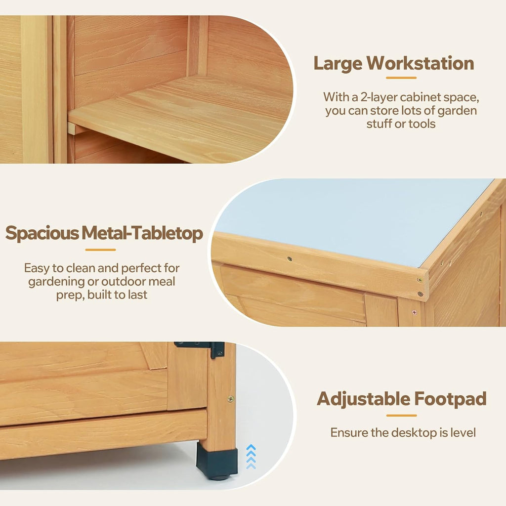 31" Weatherproof Small Storage Cabinet, Storage Cabinets with Sturdy X-Shape Design, Tool Cabinet with Magnetic Door for Patio and Garage, Light Brown