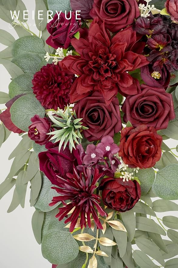 Artificial Wedding Arch Flowers Kit(Pack of 3),2Pcs Artificial Flower Arch Decor,1Pcs Sheer Drape for Wedding Ceremony Arbor for WeddingCeremony (Wine red Memory)